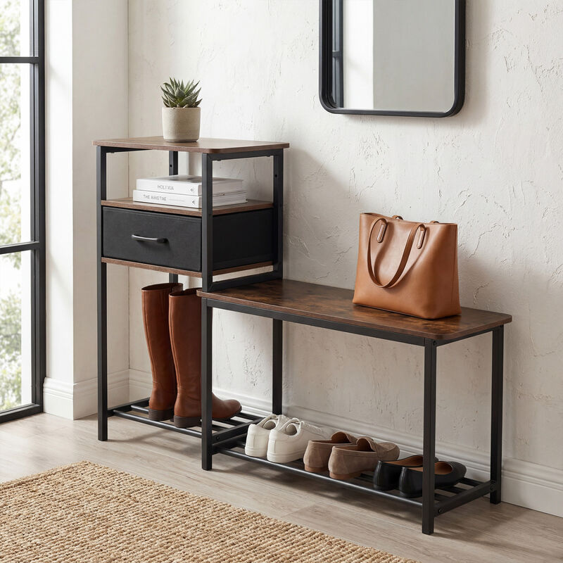Modern Shoe Storage Rack Bench with Drawer and Metal Frame - Rustic Brown image number 3