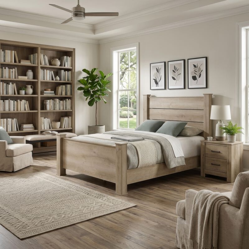 Tyna Rustic Queen Panel Bed with Planked Headboard, Weathered Oak Wood image number 8