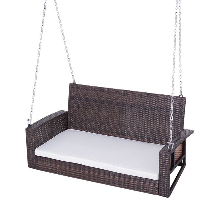 Hivvago Espresso Wicker Porch Swing 7ft Hanging Chain with Cream Padded Cushion