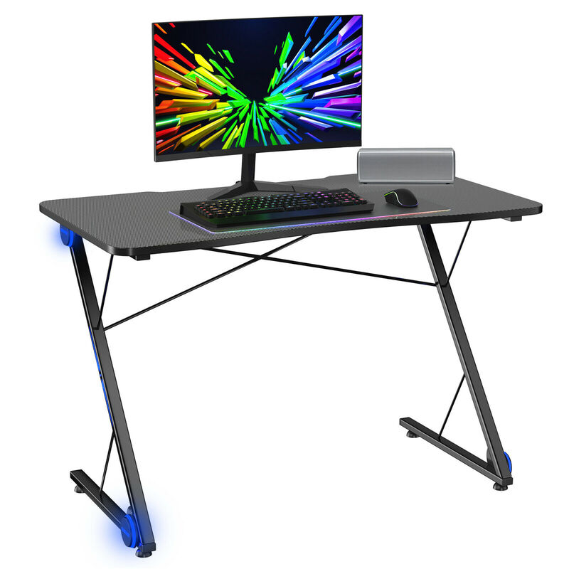 Costway 43.5 inch Gaming Desk Z Shape Office PC Computer Desk Gamer Tables w/ LED Lights