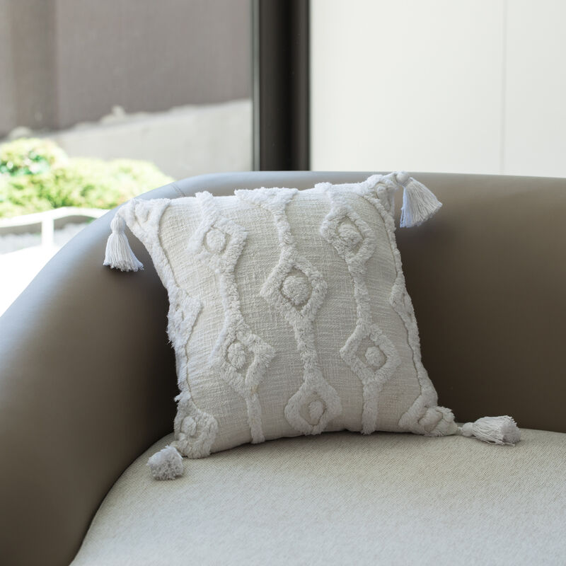 16" Handwoven Cotton Throw Pillow Cover with Small White Tufted Diamond Pattern and Tassel Corners with Filler, White