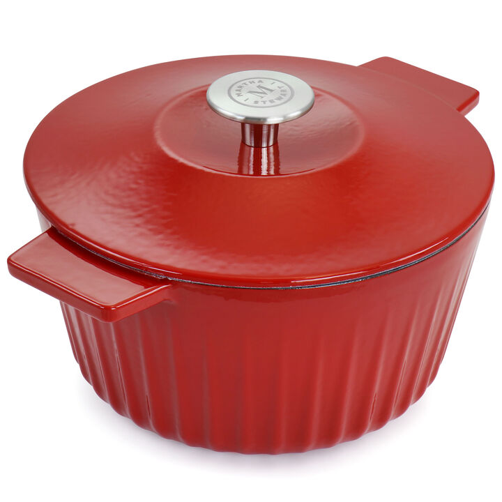 Martha Stewart Enameled Cast Iron 3 Quart  Embossed Stripe Dutch Oven with Lid in Red