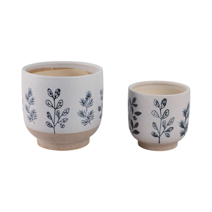 S/2 6/8" Hand Painted Leaves Planters, White/blue