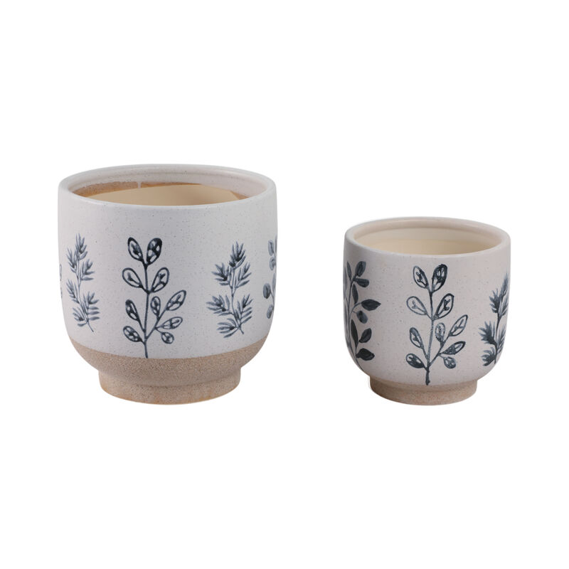 S/2 6/8" Hand Painted Leaves Planters, White/blue image number 0