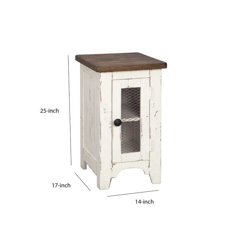 Two Tone Chair Side End Table with Wire Metal Grill Cabinet,Brown and White-Benzara