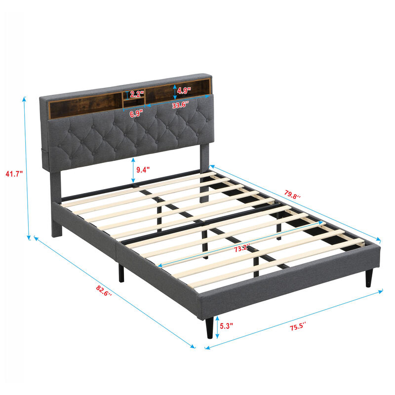 Merax Bed Frame with Storage Headboard & Built-In Charging