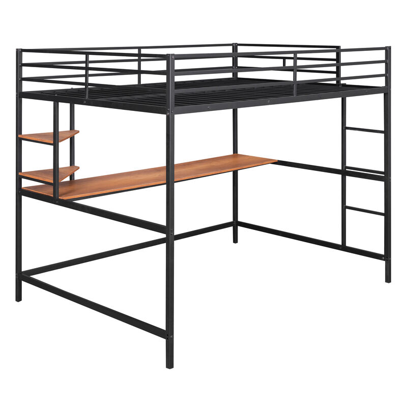 Whisen Full Metal Loft Bed with Desk and Shelve- Black 