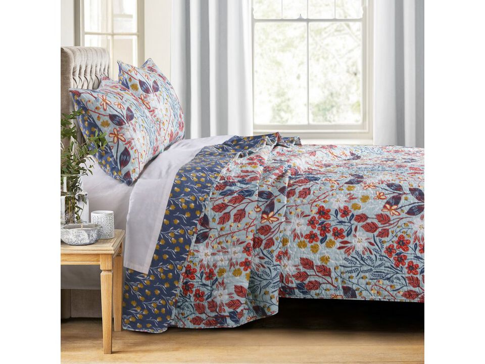 Full Size 3 Piece Polyester Quilt Set with Floral Prints, Multicolor - Benzara