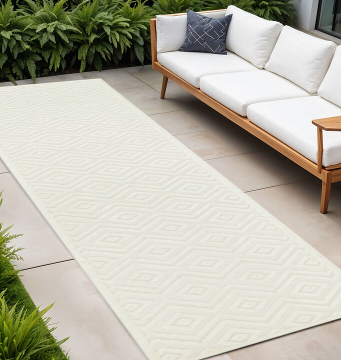 HomeRoots 12' Ivory And White Geometric Indoor Outdoor Runner Rug