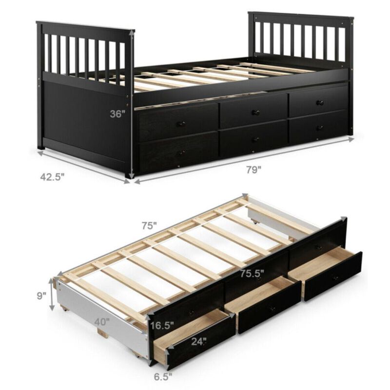 Hivvago Twin Captains Bed with Trundle and 3 Storage Drawers