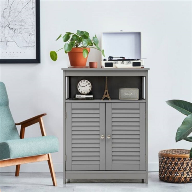 Rustic Farmhouse Linen Tower Cabinet with Slatted Doors and Open Shelf