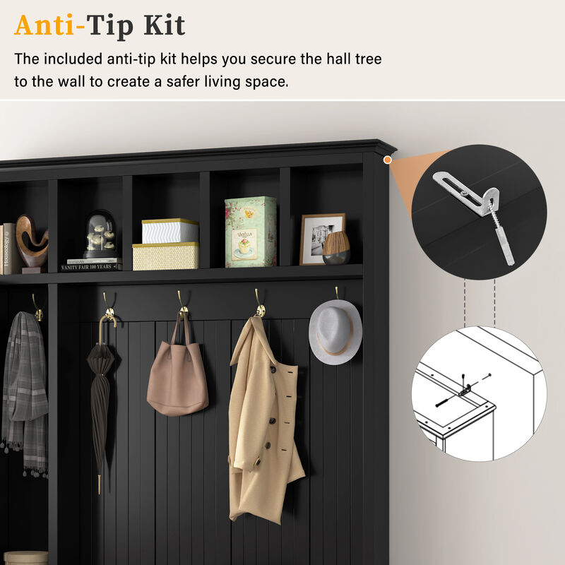 Merax 4-in-1 Entryway Hall Tree with Storage Bench, Hanging Hooks, Open Cubbies & Drawers image number 6