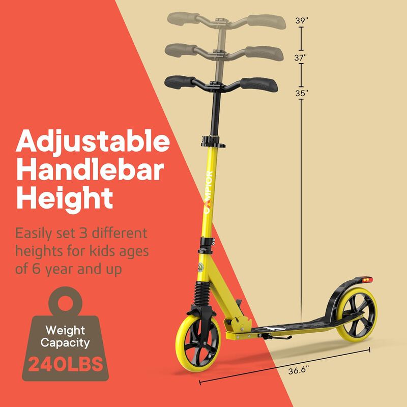 Kick Scooter for Ages 6+, for Kids, Teens, and Adults, Max Load 240 LBS, Foldable, 8-inch Big Wheels for Kids and Adults, with Kickstand, 3 Adjustable Levels, Child Safety Approved