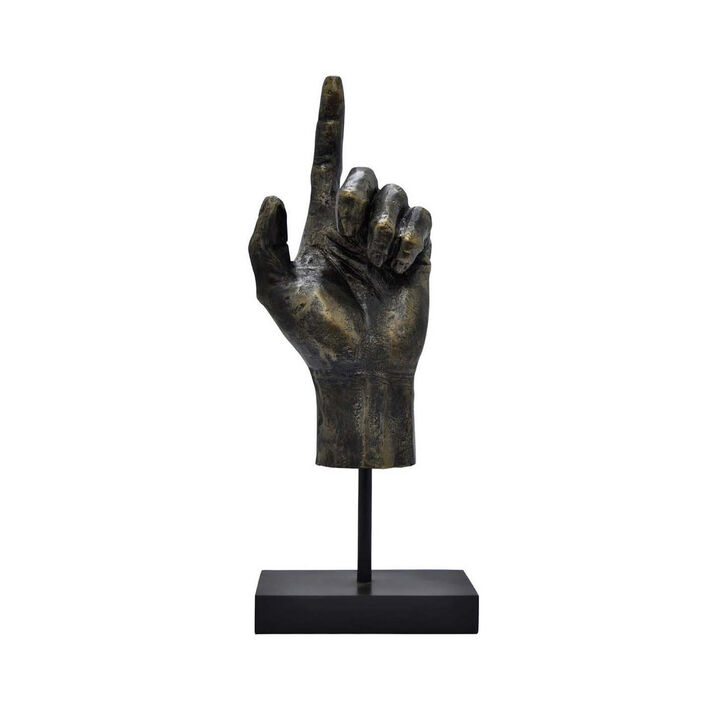 24 Inch Pointing Hand Sculpture, Pedestal 'Base, Resin Frame, Bronze - Benzara