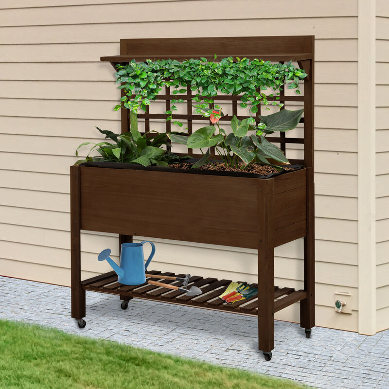 Outsunny 41" Raised Garden Bed with Trellis on Wheels, Wooden Elevated Planter Box with Legs and Bed Liner, for Flowers, Herbs & Vegetables, Dark Brown