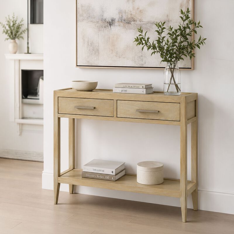Unya 36 Inch Sofa Console Table with Shelf, 2 Drawers, Natural Brown Mango Wood, Organic Decor image number 8
