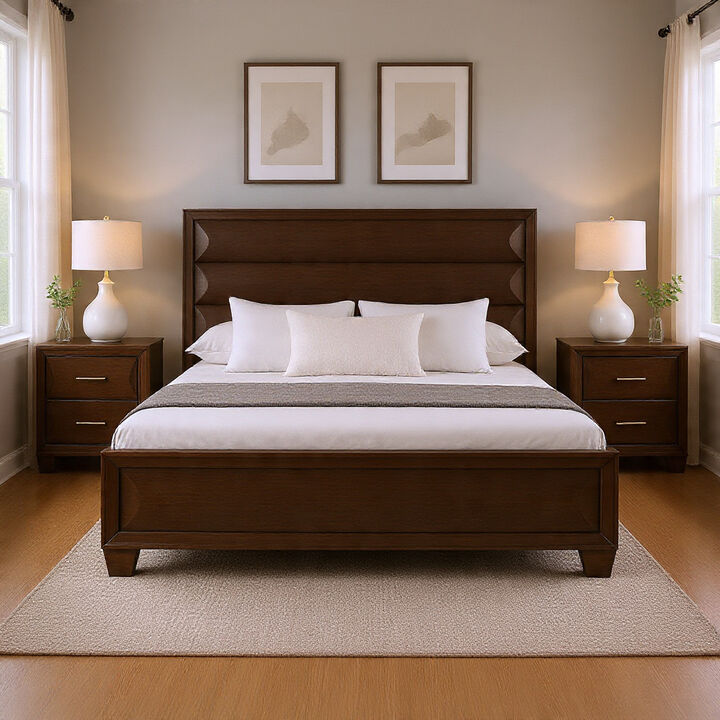 Queen Bedroom Set, Espresso Brown, Gold Wood, 3 Piece Set with 2 Nightstands