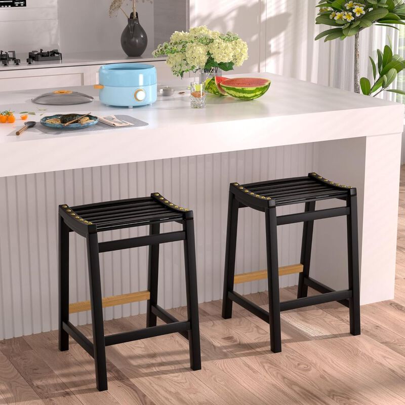 Bar Stools Set of 2, 24 Inch Bamboo Counter Height Stools with Back Modern Counter High Bar Stools for Kitchen Island (2, Classic Black)
