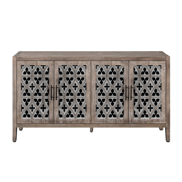 Sesjog Farmhouse Hollow‑Carved 4‑Door Sideboard Storage Cabinet
