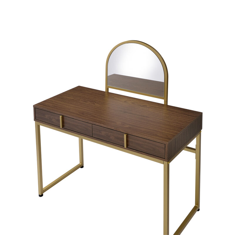 Coleen Vanity Desk w/Mirror & Jewelry Tray in Walnut & Gold Finish