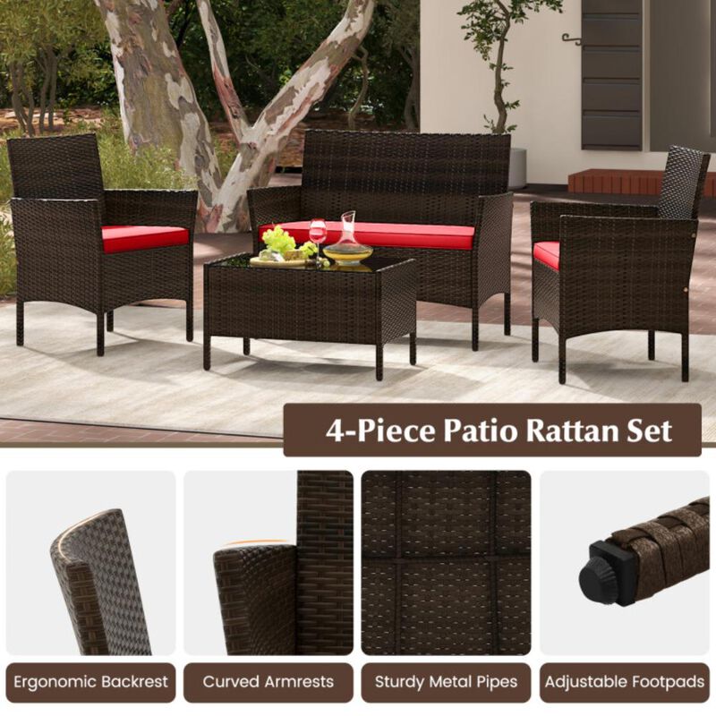 Hivvago 4 Piece Patio Rattan Conversation Set with Cozy Seat Cushions