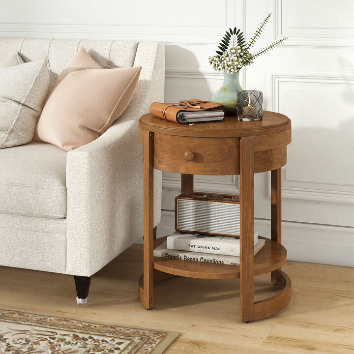 Mid Century Style 2-Tier Round End Table Compact Side Table with Open Storage Shelf-Oak