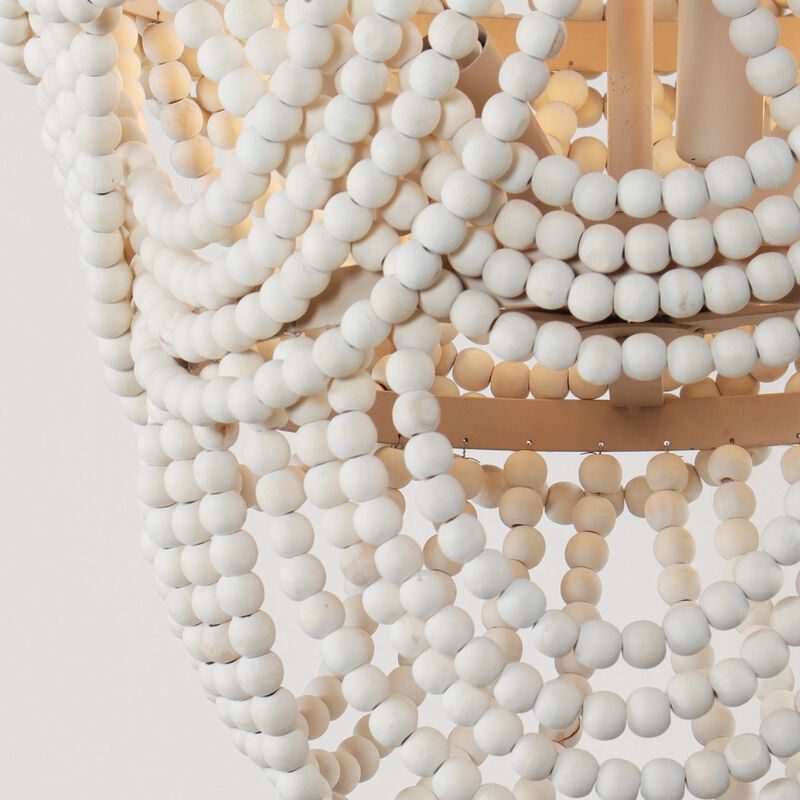 4-Light Bohemian Natural Wood Beaded 3 Tiered Chandelier