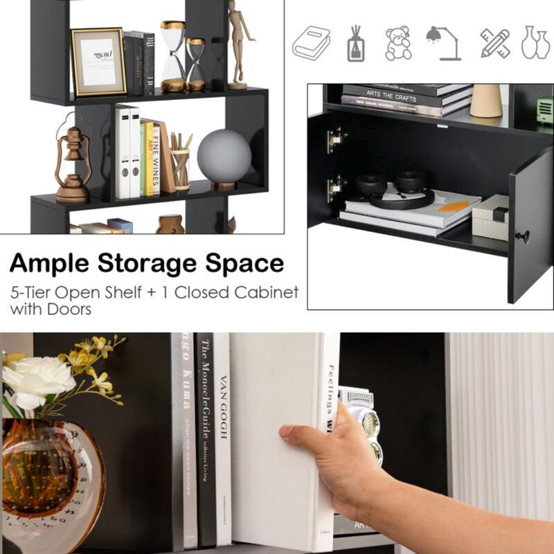 Hivvago 6-Tier S-Shaped Freestanding Bookshelf with Cabinet and Door