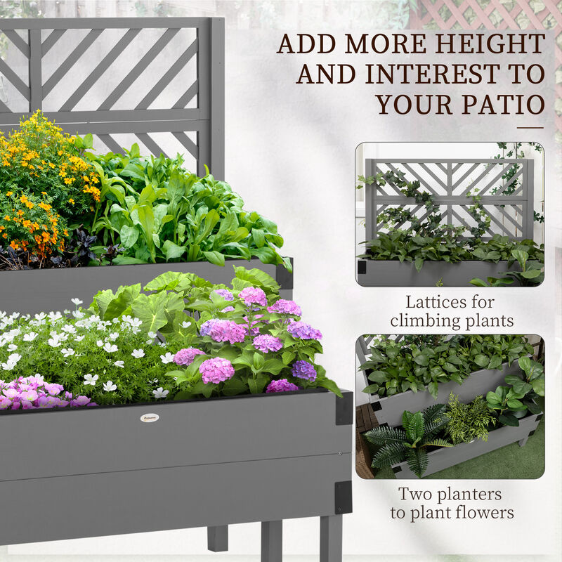 Outsunny Raised Garden Bed with Trellis, 2 Tier Wooden Elevated Planter Box with Legs and Metal Corners, for Vegetables, Flowers, Herbs, Gray