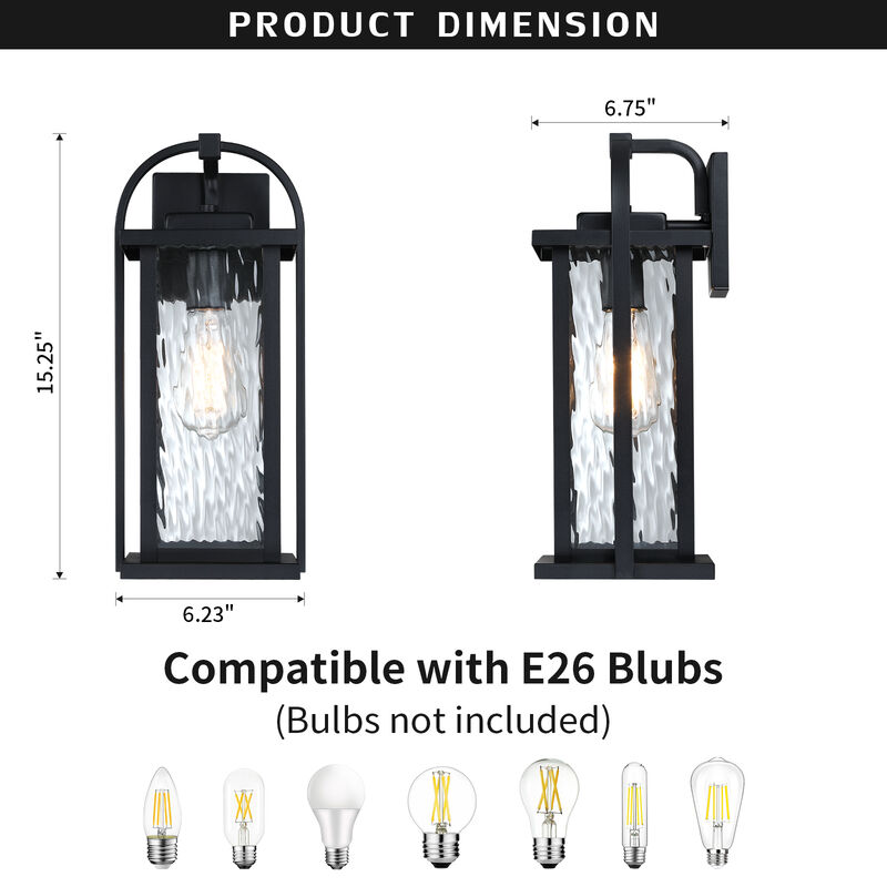 15.25 in. 1-Light Black Outdoor Wall Lantern with Clear Water Glass Shade image number 2