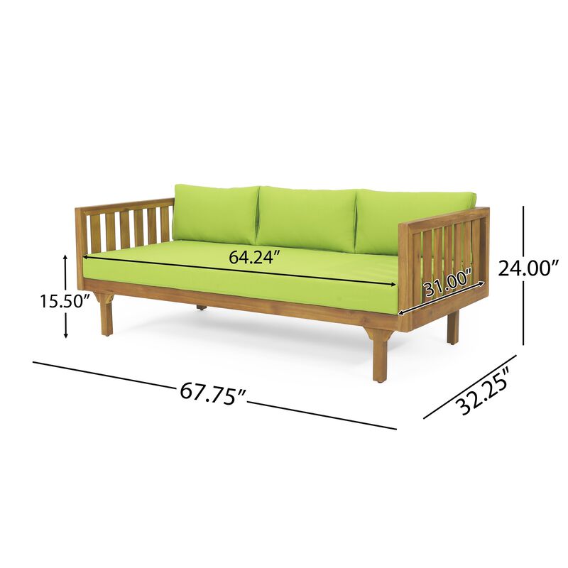 Clara Outdoor Daybed, Brown Wood Slat Back, 68 Inch Green Fabric image number 1