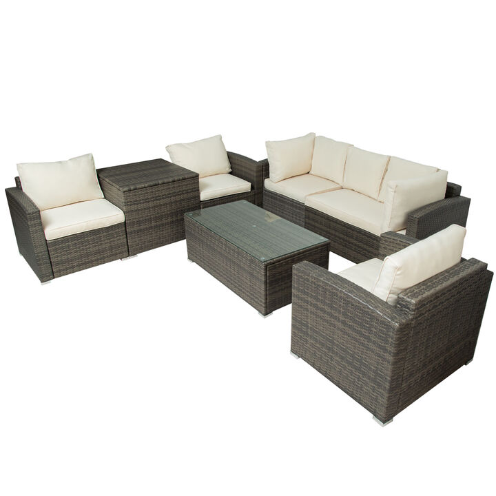 Patio Furniture Sets, 7-Piece Patio Wicker Sofa, Cushions, Chairs, a Loveseat, a Table and a Storage Box