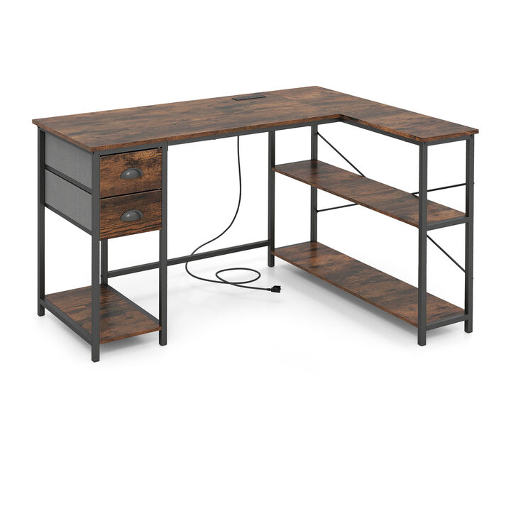 Corner L Shaped Computer Desk with Charging Station and Fabric Storage Drawers