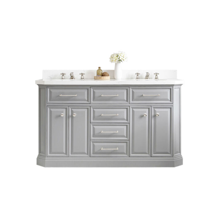 Palace 60 In. Double Sink Carrara Quartz Countertop Bath Vanity in Cashmere Grey with Polished Nickel (PVD) Hardware