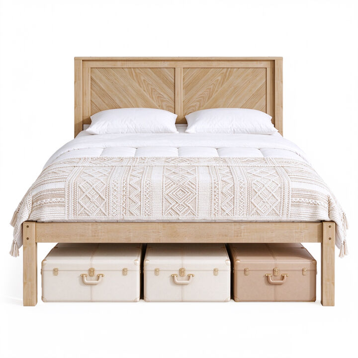 Queen Solid Wood Platform Bed with Herringbone Headboard, Natural Oak Finish, Farmhouse