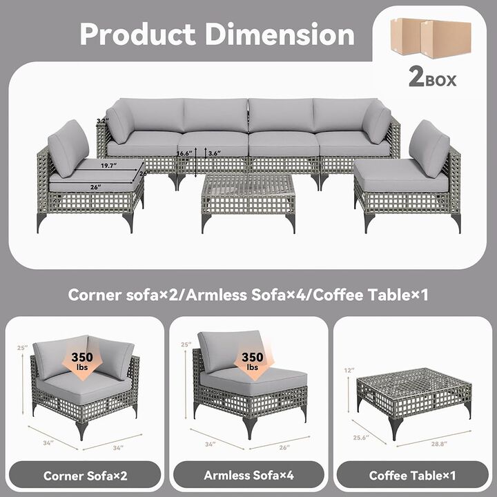 Mondawe 7-Piece Vintage Gray Wicker Outdoor Patio Conversation Set with Cushions and Coffee Table