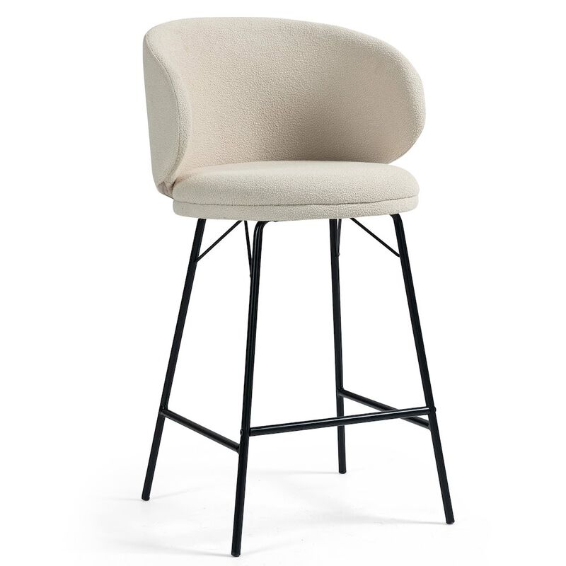 Glamour Home Set of 2 Baxter White Boucle Fabric Counter Stool with Black Iron Legs