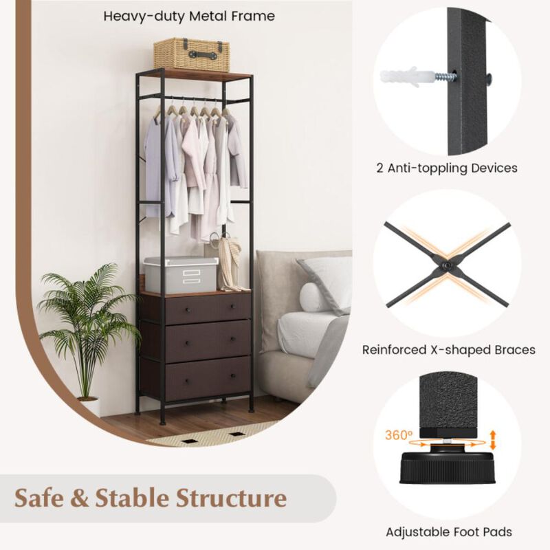 Hivvago Freestanding Closet Organizer with 3-position Hanging Rod and Storage Shelves-Brown