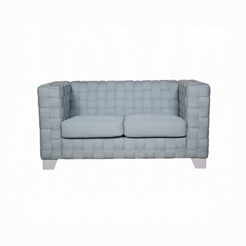 Reah Loveseat, Knitted Light Blue Chenille, White Wood Legs, 63 Inch