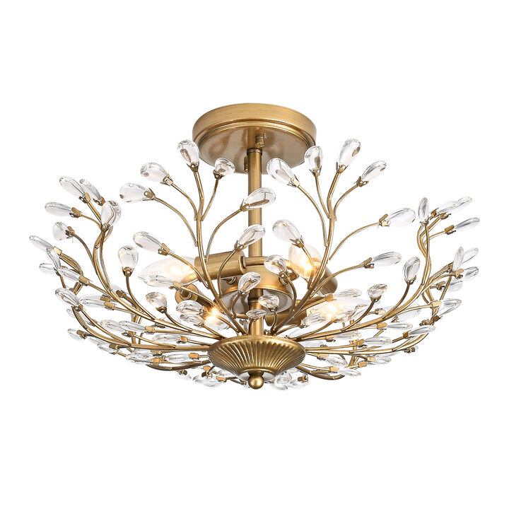 Fleur Brushed Brass 4-light Crystal Beaded 9-Branch Semi-Flush Mount