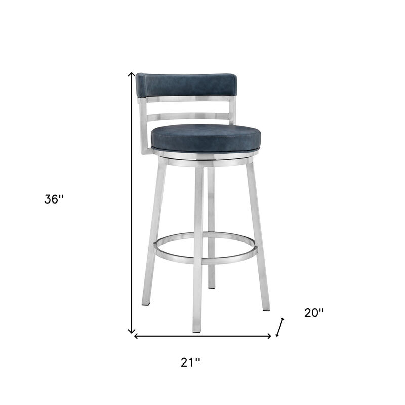 Hivvago 26 Inch Blue and Silver Faux Leather and Stainless Steel Low Back Counter Height Swivel Bar Chair