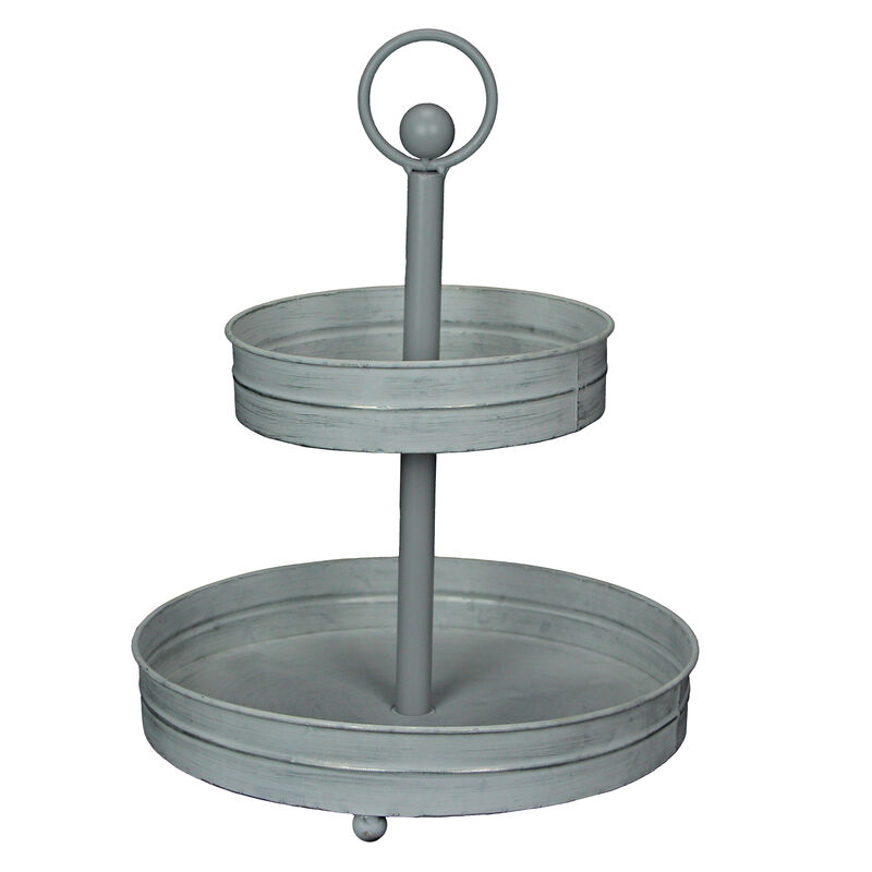 White Galvanized Metal Rustic Round Two Tier Farmhouse Tray Serving Stand image number 0