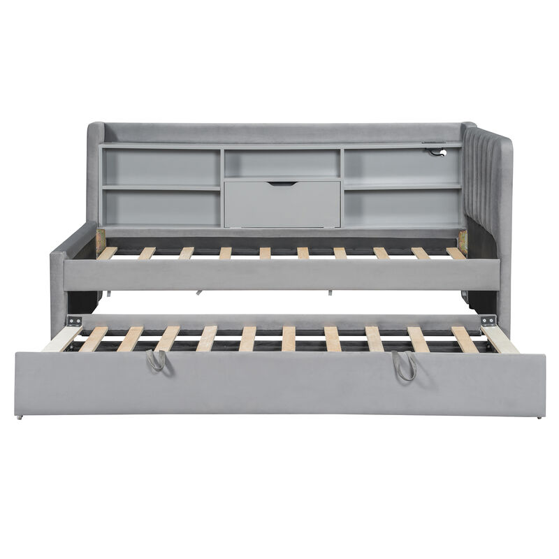 Merax Twin Size Upholstered Daybed with Pull-Up Trundle