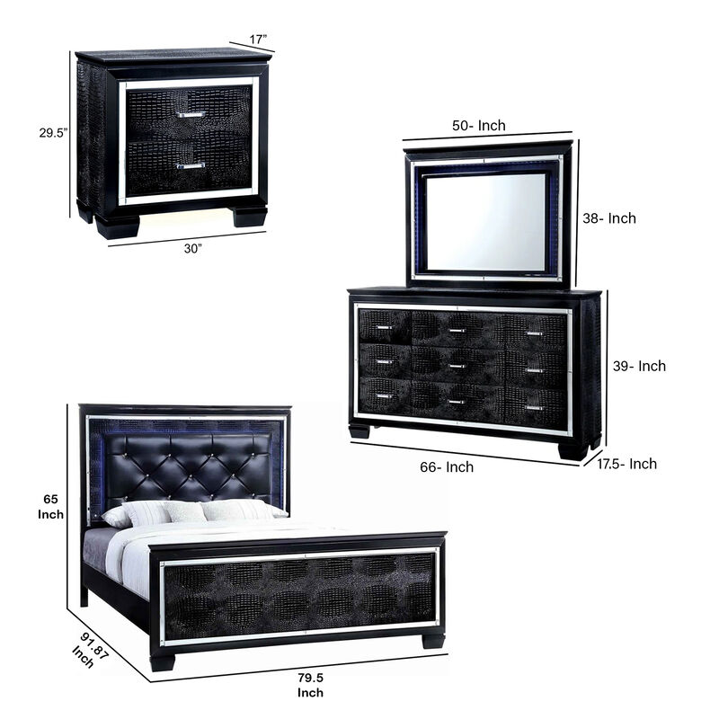 Kae 4 Pc California King Bedroom Set, LED and Mirror Trim, Textured, Black - Benzara