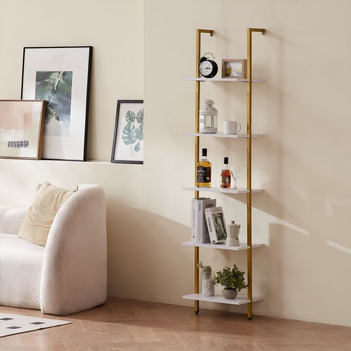 5 Tier Ladder Shelf, Wall Mounted Bookshelf with Metal Frame Storage Rack
