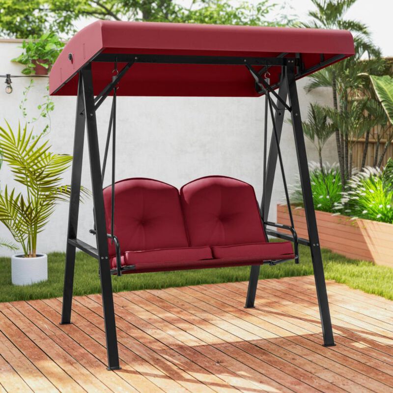 Hivvago 2-Person Outdoor Porch Swing with A-Shaped Metal Stand and Adjustable Canopy