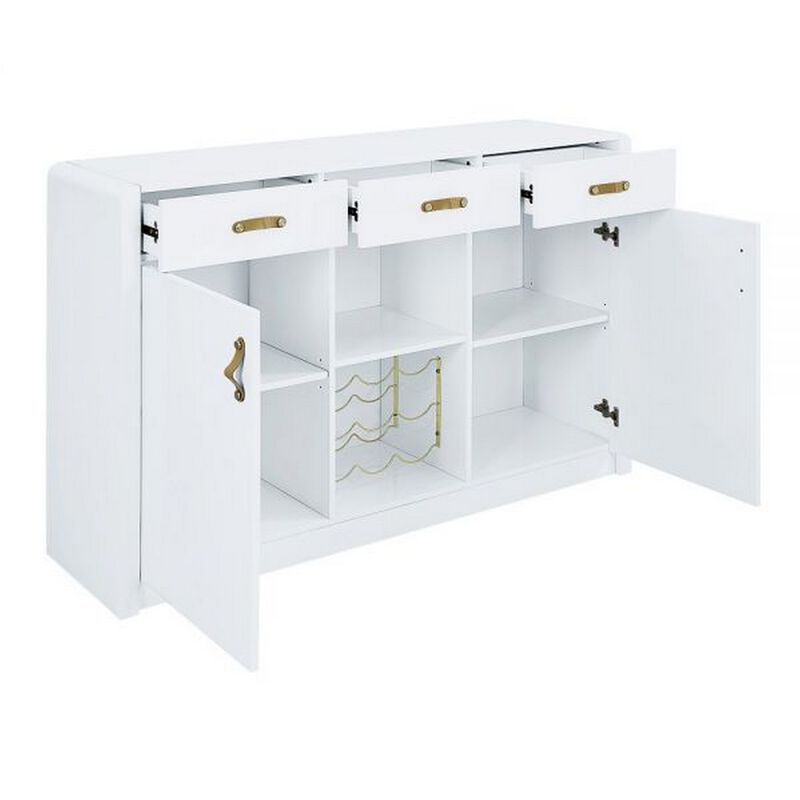 Raza 54 Inch Server Buffet Cabinet with Drawers, Metal Wine Holder, White - Benzara