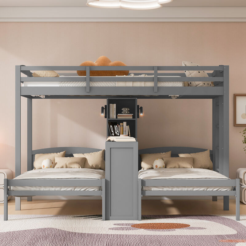 Merax Twin over Twin&Twin Bunk Bed with Built-in Desk and Storage Shelves image number 3