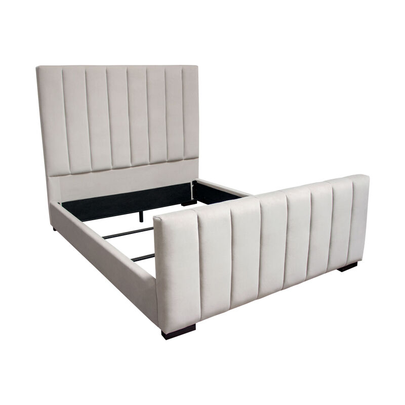 Eva King Bed, Vertical Channel Tufted Light Gray Velvet Upholstery