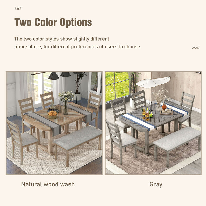 Whisen 6-Piece Rubber Wood Dining Table Set with 4 Chair and 1 Bench - Natural Wood Wash
